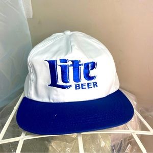MILLER LITE Beer Hat New Old Stock Vintage 1990s Adjustable Strapback White Blue